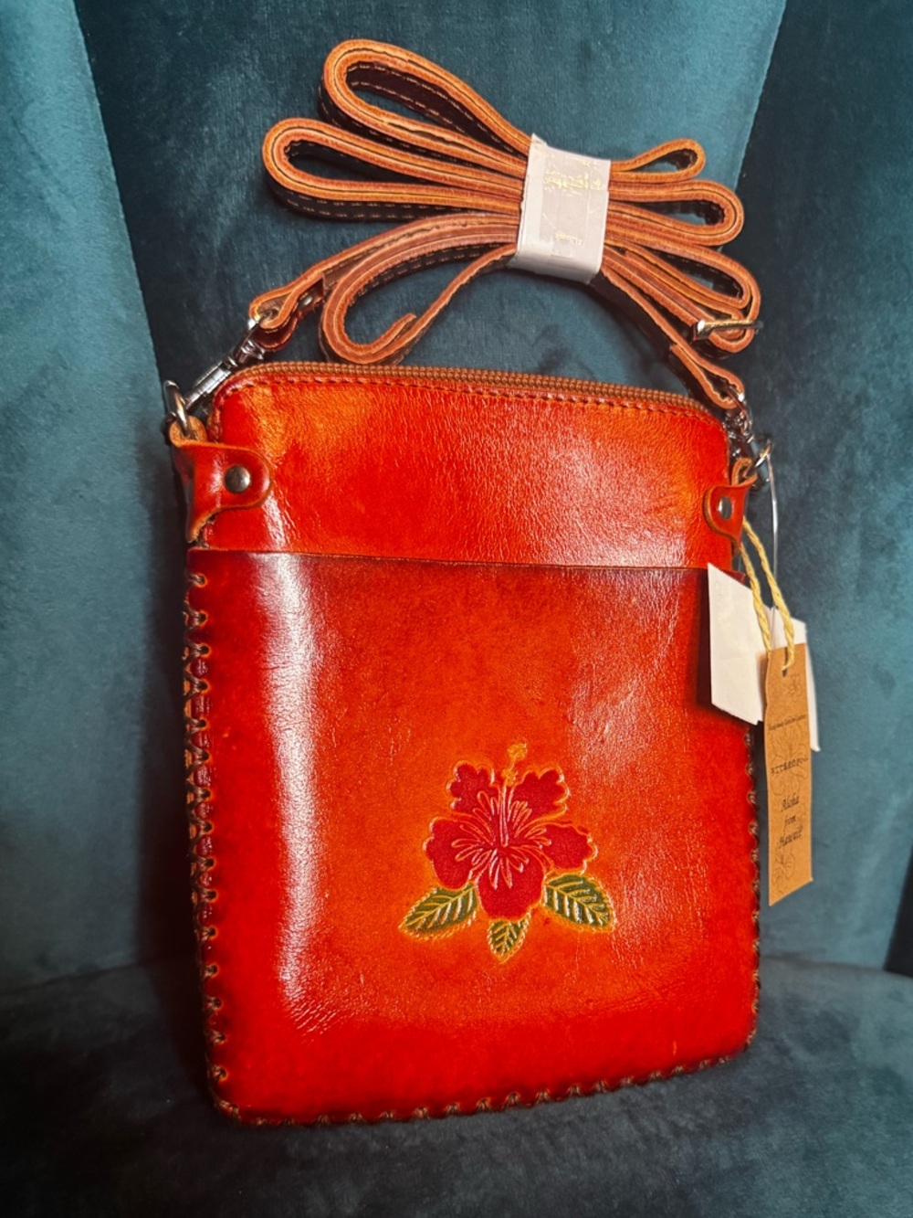 Handcrafted in Hawaii Red Leather Crossbody Bag with Floral Embroidery 🌺 NWT